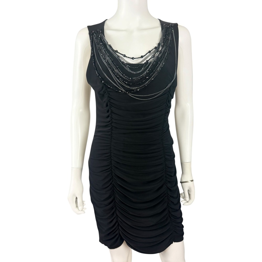Cache Beaded Ruched Bodycon Cocktail Dress Black Vintage Y2K Glam McBling L